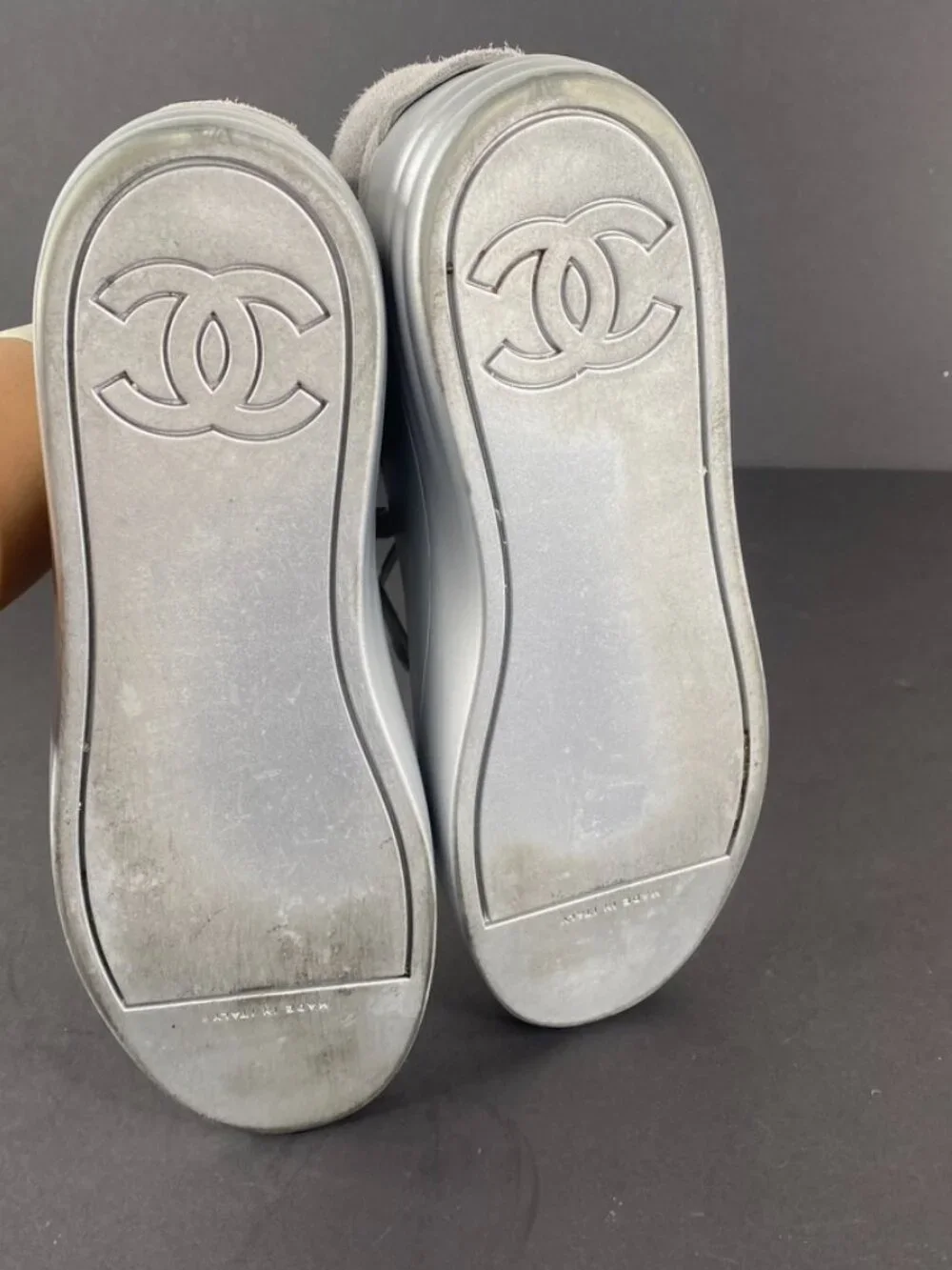 Chanel Grey Silver Suede Rubber CC High Top Sneakers Size 37.5